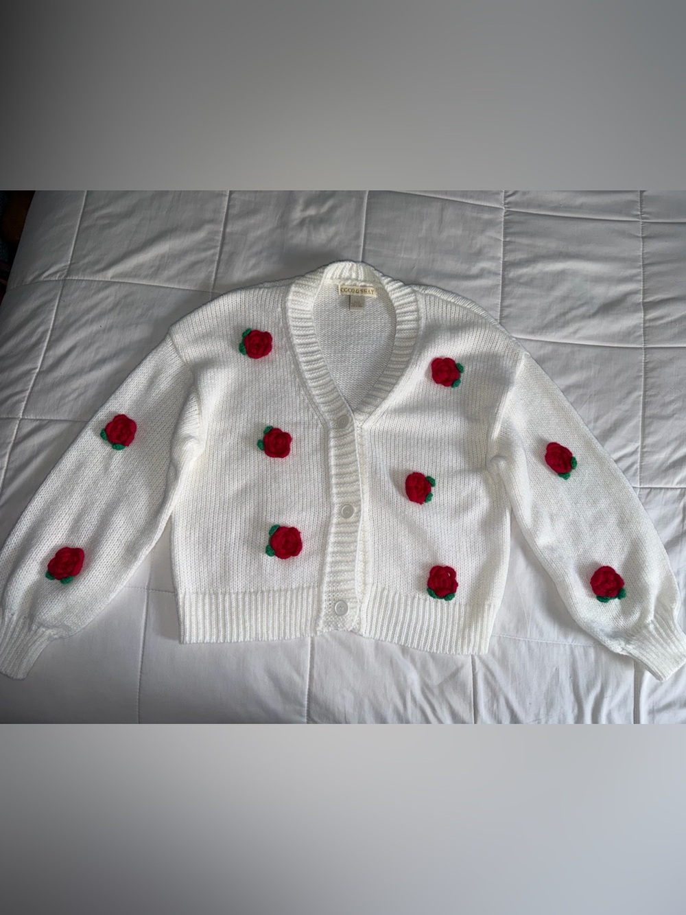 White Cropped Cardigan with 3-D Red Rose Appliqués - Large